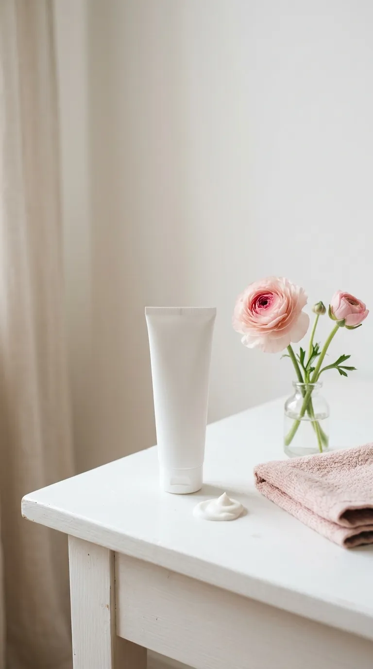 Um tubo de creme de mãos numa toalha dobrada ao lado de uma pequena jarra de flores
