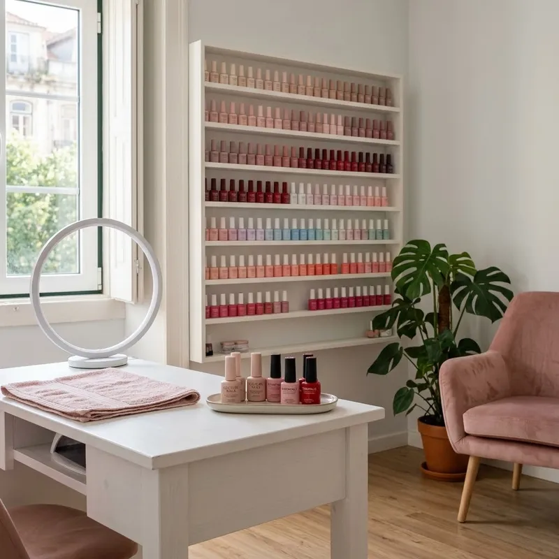 O estúdio I am beauty visto no espelho: mesa de unhas sob uma luz em anel, prateleiras de vernizes e luz suave do dia